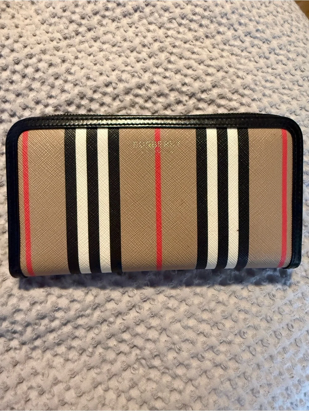 Burberry Beige Stripe Zip-Around Card Holder with Black and Red Accents